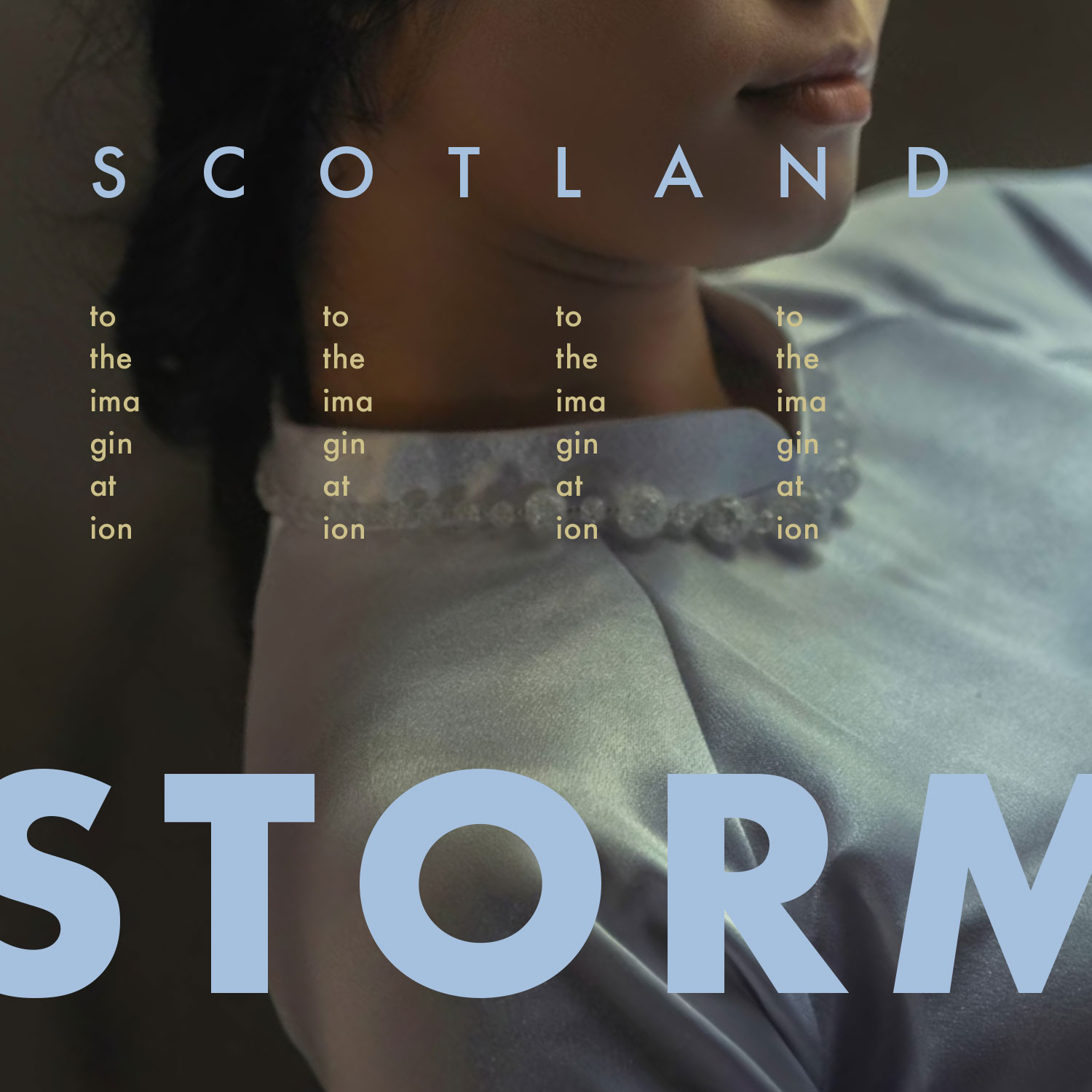 Version four. The image has been cropped so that the lady is seen just from her shoulder to her lips. The word 'storm' takes up much of the bottom half of the composition in bold, capital letters.