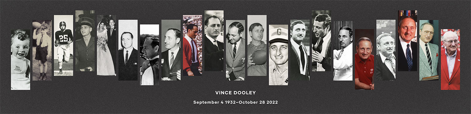 A timeline of photographs of Dooley throughout his life. Label: Vince Dooley. September 4 1932 to October 28 2022.