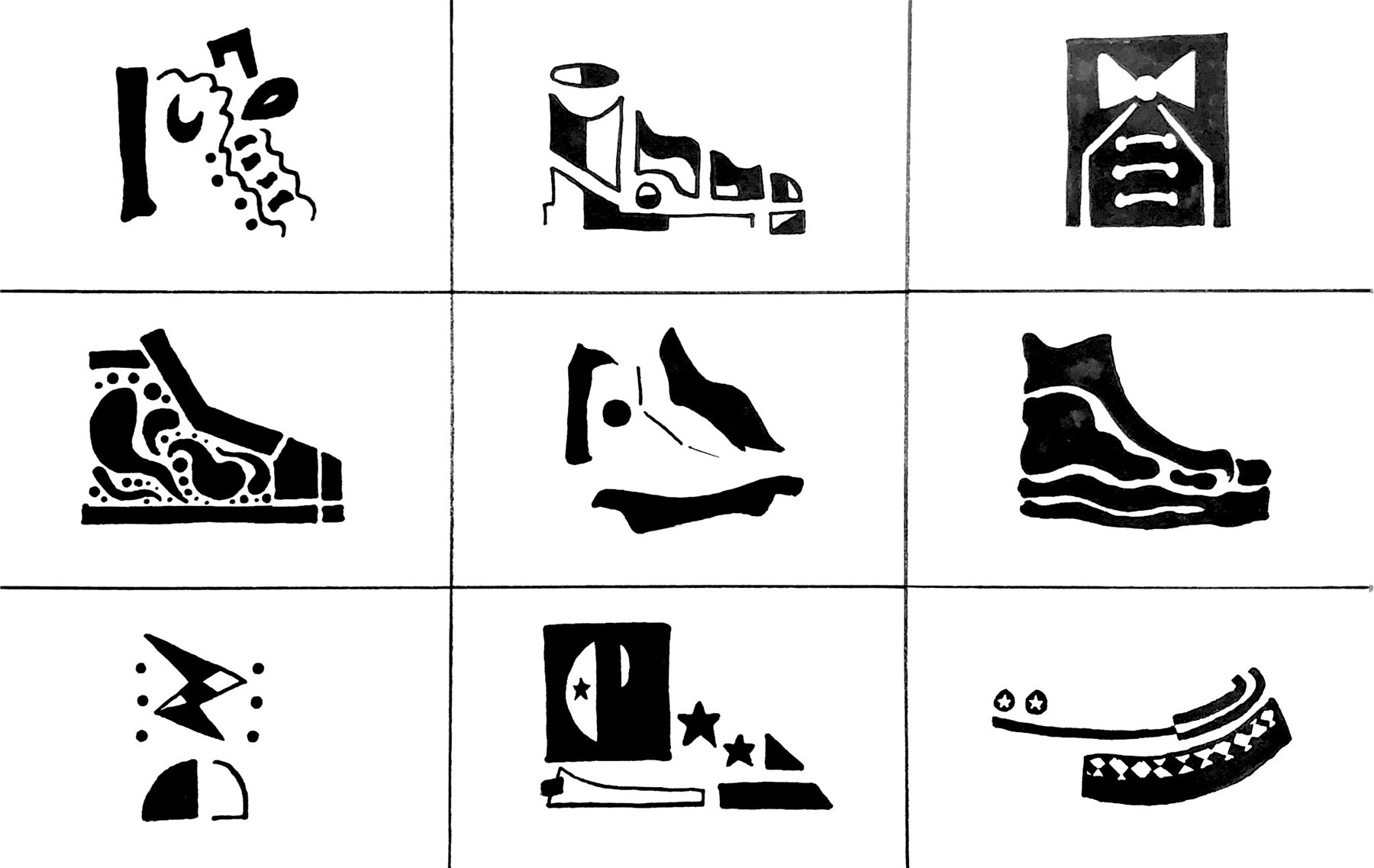 15 shape sketches of a shoe.