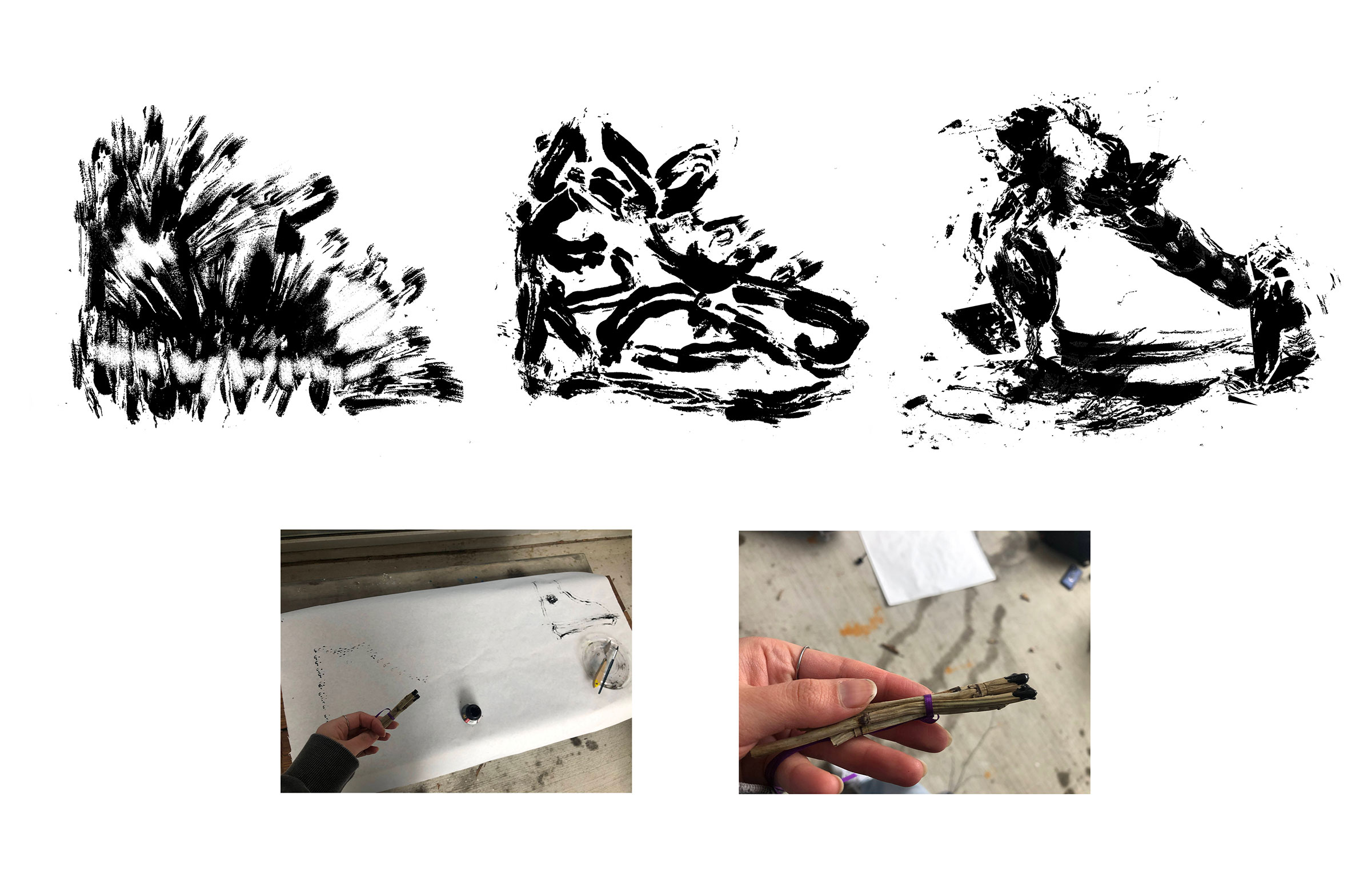 Textured drawings of a shoe using ink.
