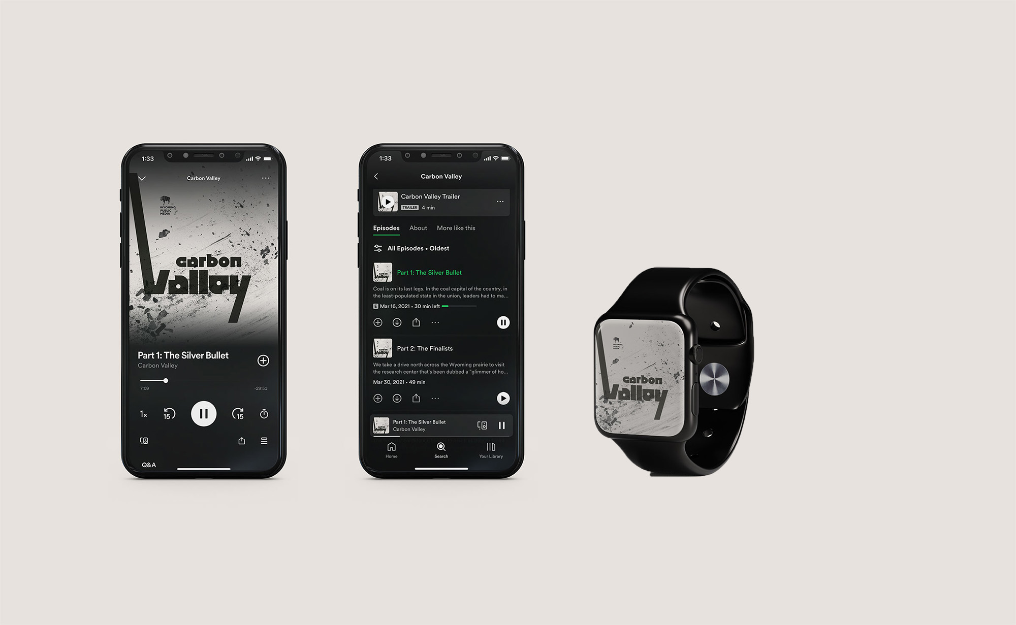 Spotify mockups shown on an iPhone and Apple Watch.