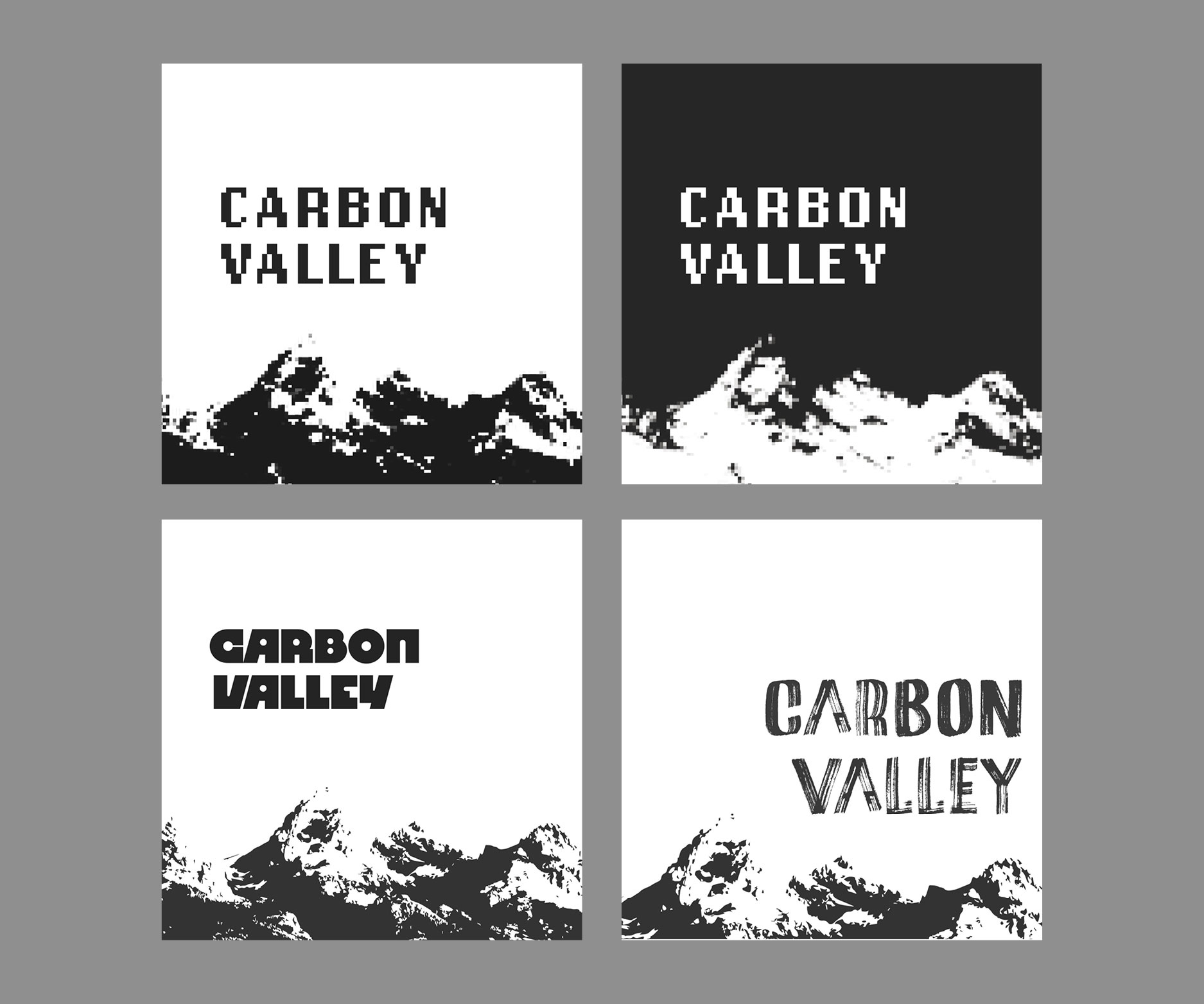 Initial digital drafts containing pixelated Wyoming mountains with the title 'Carbon Valley.'