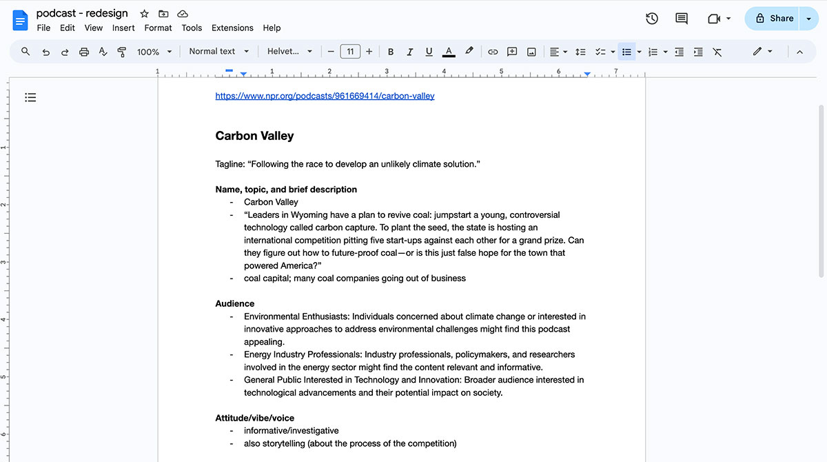 A screenshot of a Google Doc containing initial research.