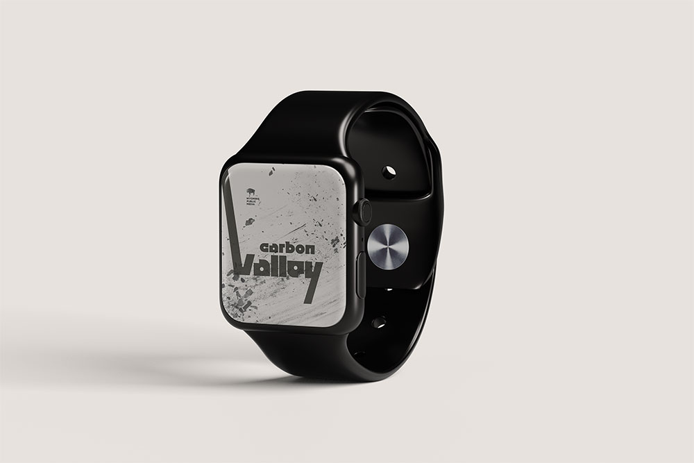 Apple Watch mockup displaying the redesigned podcast cover of Carbon Valley.
