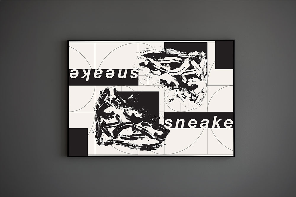 A black and white poster composed of textured drawings of a shoe, the word ‘sneaker,’ and the golden ratio.